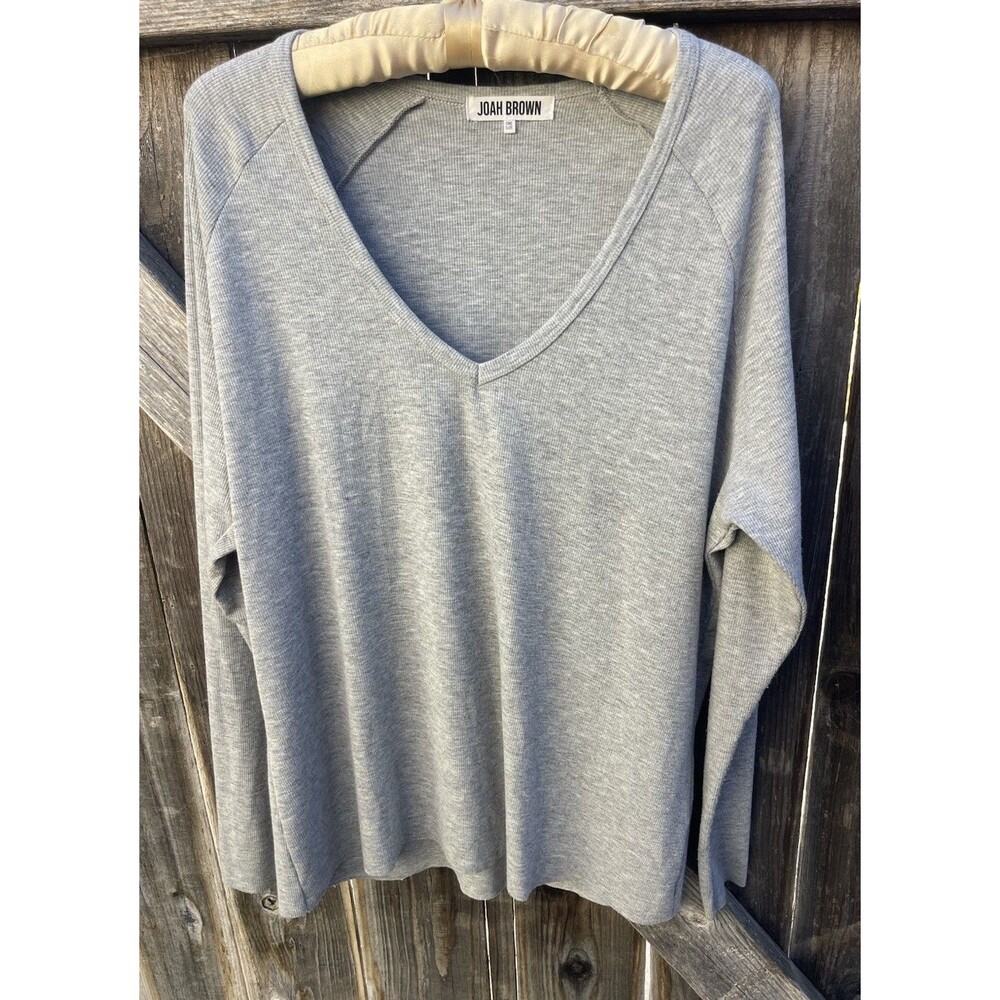 Joah Brown For Keeps V-Neck Long Sleeve Tee Gray Ribbed Oversized One Size
